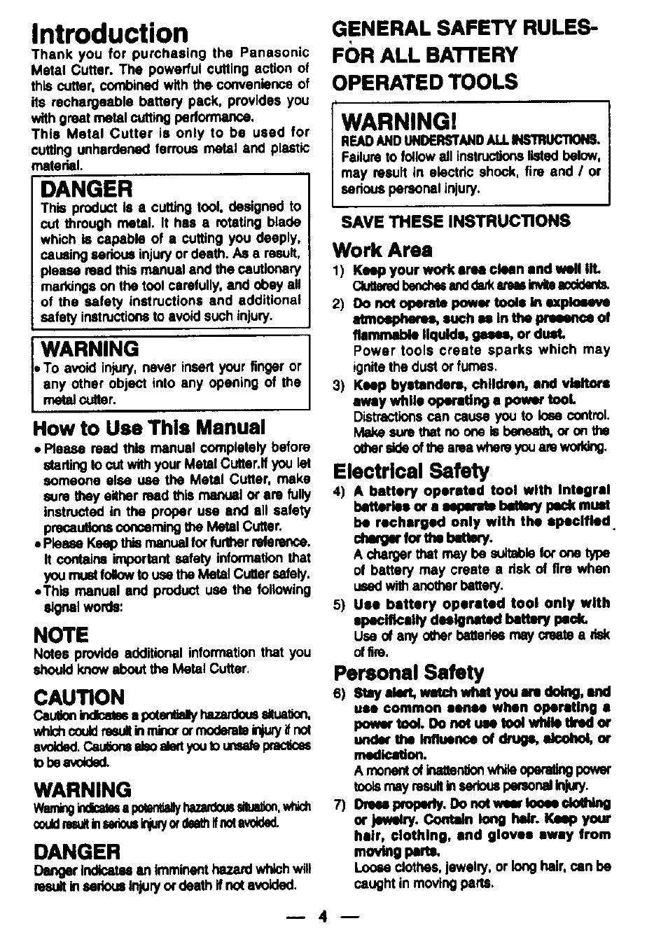 How to use this manual, Note, Caution | Warning, Danger, Save these jnsthuctions, Work area, Electrical safety, Personal safety, Introduction | Panasonic EY3530NQMKW User Manual | Page 3 / 18