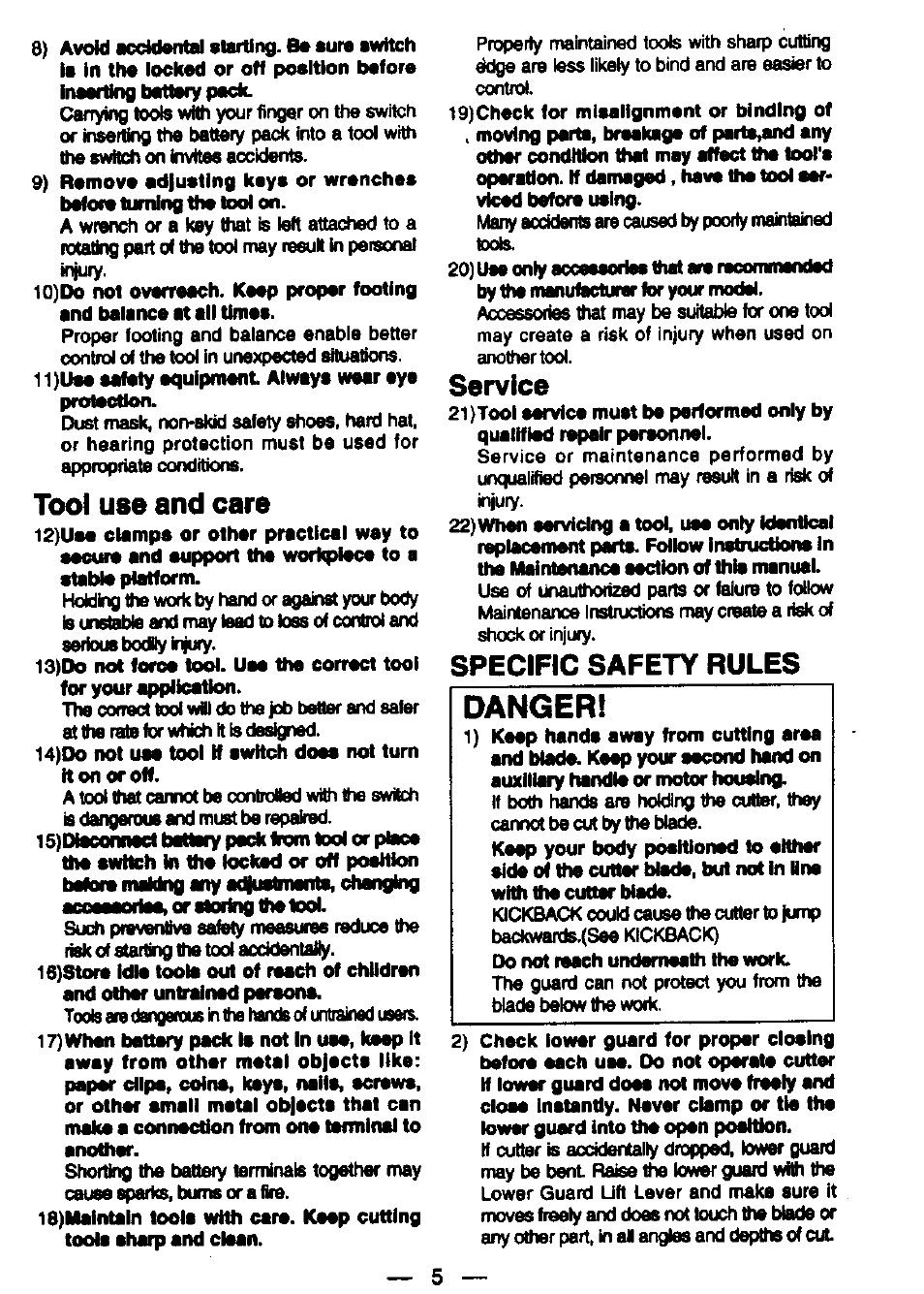 Tool use and care, Service, Specific safety rules | Danger | Panasonic EY3530NQMKW User Manual | Page 4 / 18