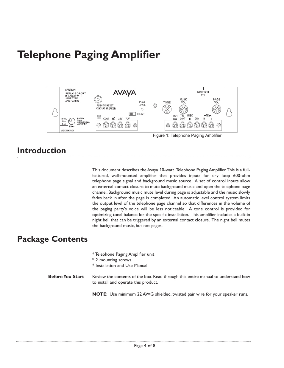 Telephone paging amplifier, Introduction, Package contents | Avaya 10-Watt User Manual | Page 4 / 8