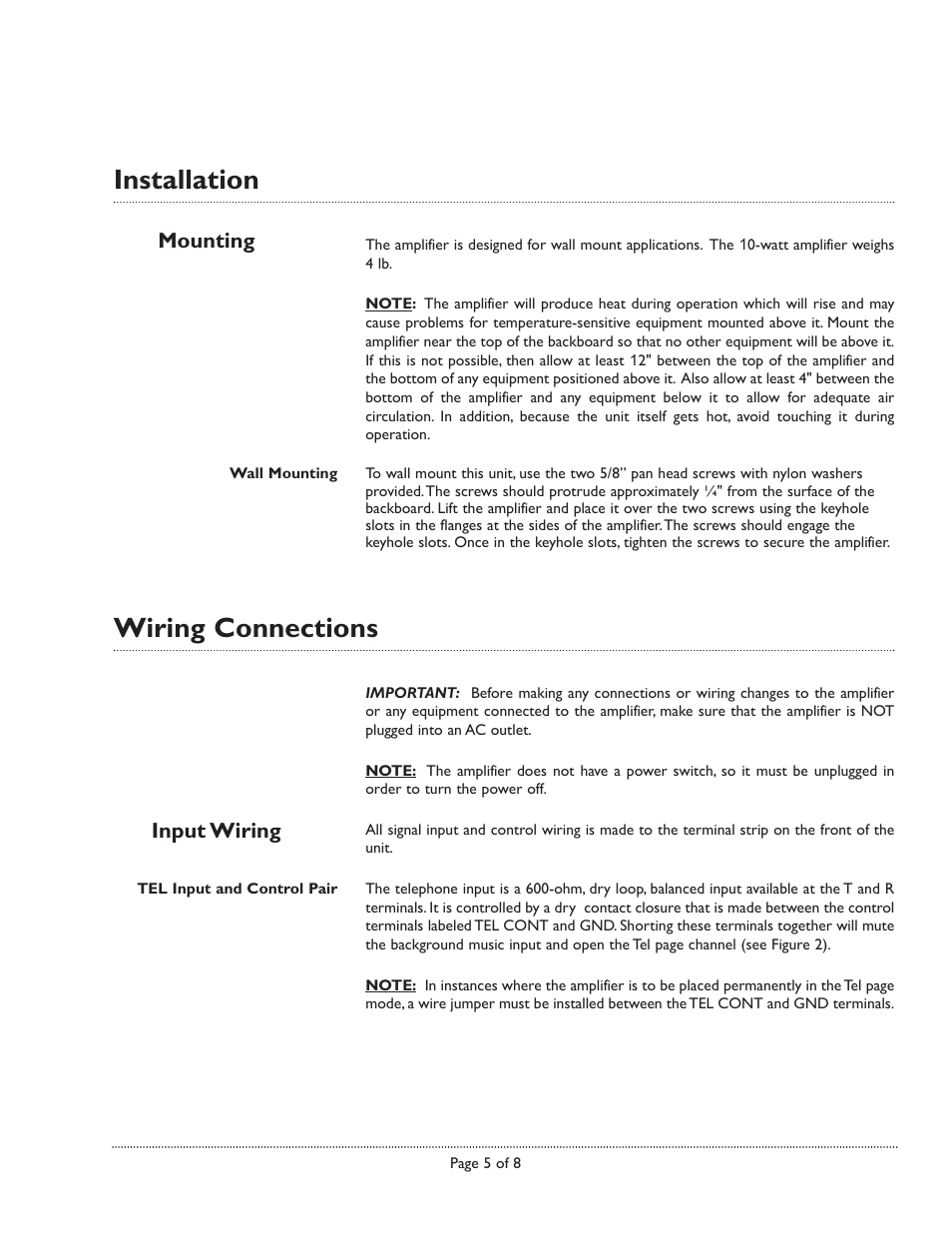 Installation, Wiring connections, Mounting | Input wiring | Avaya 10-Watt User Manual | Page 5 / 8