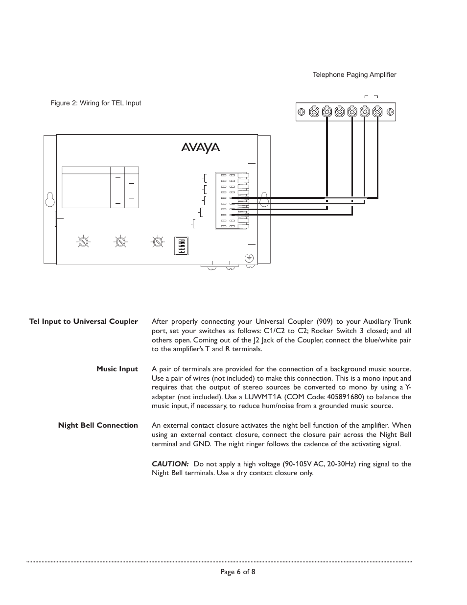 Page 6 of 8, Figure 2: wiring for tel input, Telephone paging amplifier | Universal paging access module | Avaya 10-Watt User Manual | Page 6 / 8