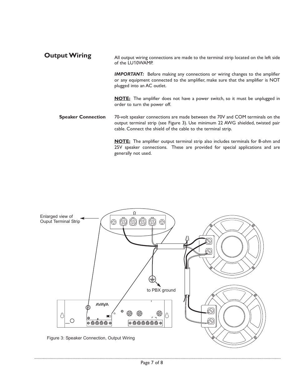 Output wiring, Figure 3: speaker connection, output wiring | Avaya 10-Watt User Manual | Page 7 / 8