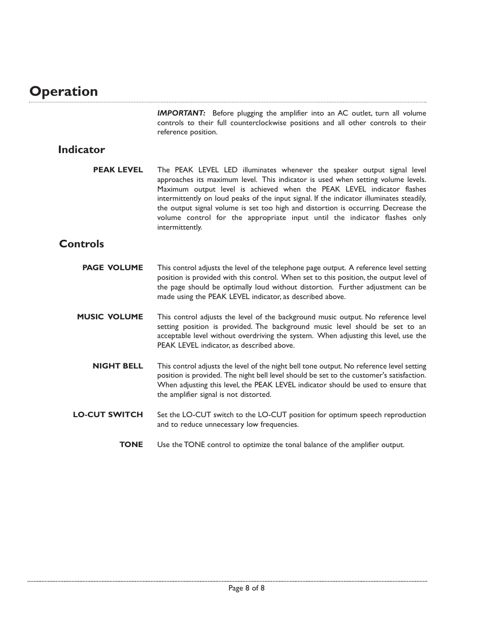 Operation, Indicator controls | Avaya 10-Watt User Manual | Page 8 / 8