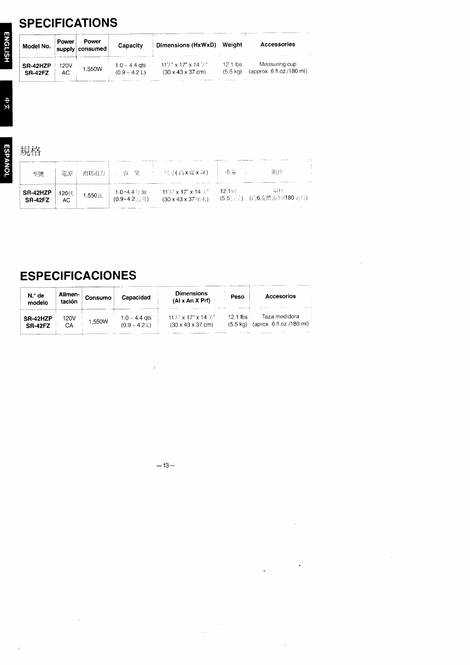 Specifications, Especificaciones, S.s; h | Panasonic SR-42FZ User Manual | Page 14 / 16