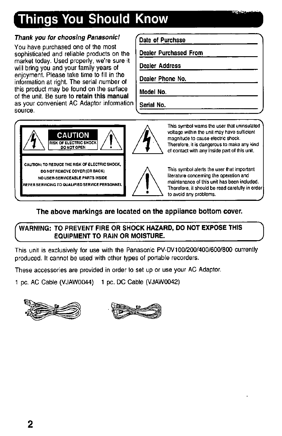 Date of purchase, Dealer purchased from, Dealer address | Dealer phone no, Model no, Serial no, Things you should know, Caution | Panasonic PV-DAC10 User Manual | Page 2 / 8