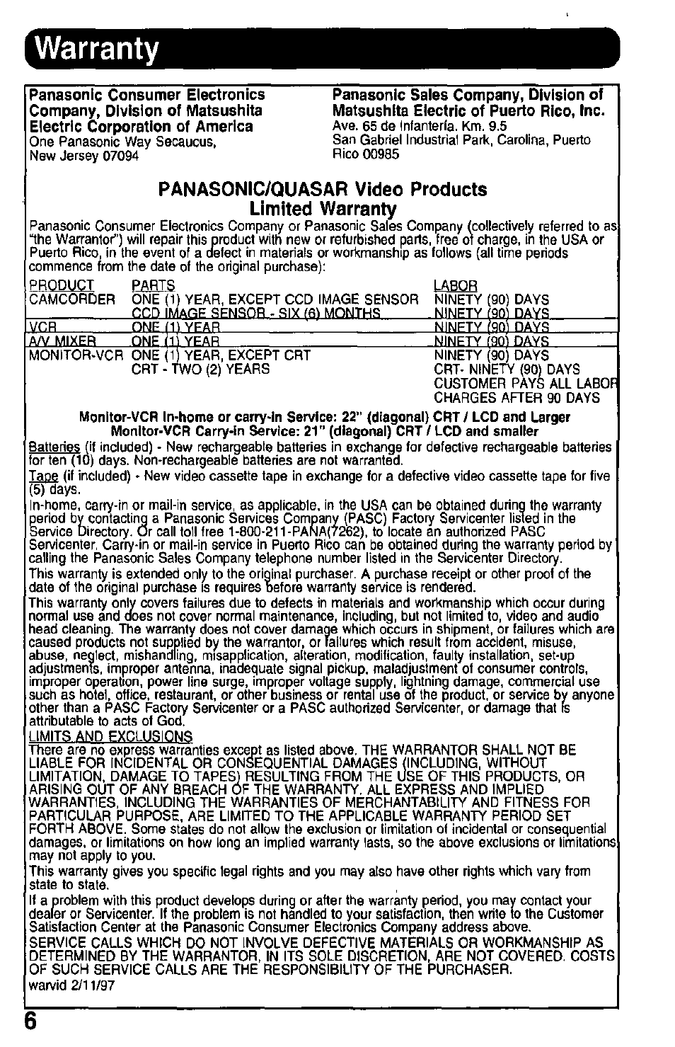 Warranty, Panasonic/quasar video products limited warranty | Panasonic PV-DAC10 User Manual | Page 6 / 8
