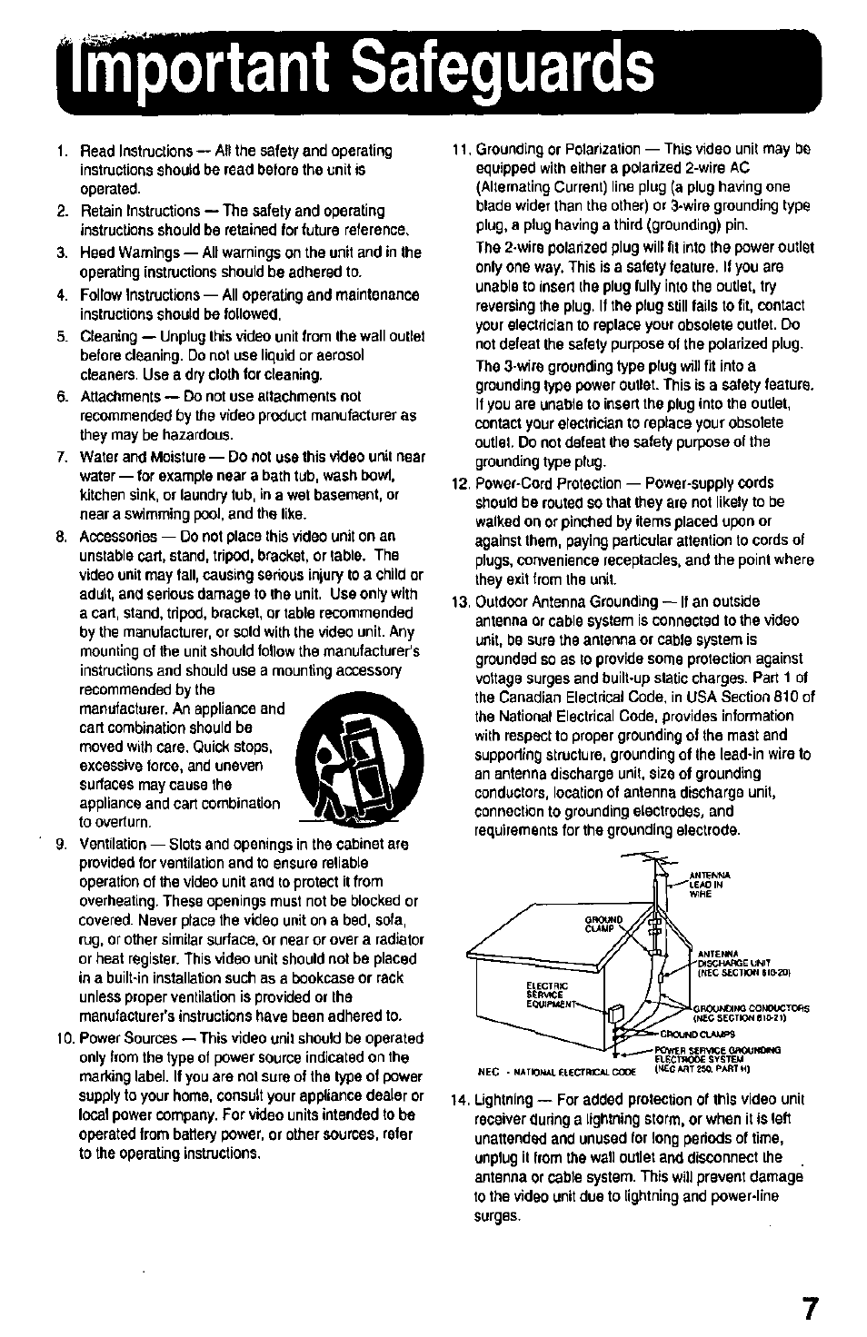 Mportant safeguards | Panasonic PV-DAC10 User Manual | Page 7 / 8