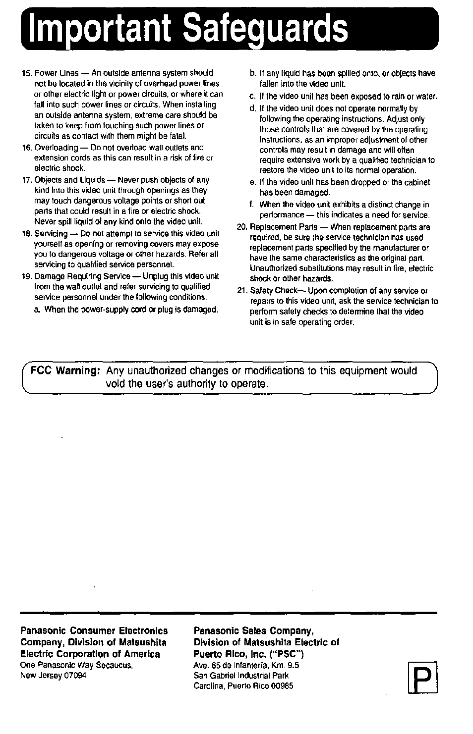 Important safeguards | Panasonic PV-DAC10 User Manual | Page 8 / 8