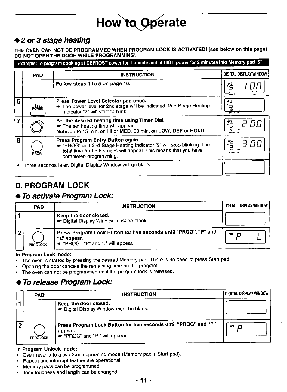 2 or 3 stage heating, Instruction, Dignaldispuy window | Press power level selector pad once, Set the desired heating time using timer dial, 3 nn c uu, Press program entry button again, D. program lock ♦ to activate program lock, In program lock mode, To release program lock | Panasonic NE-3280 User Manual | Page 11 / 16