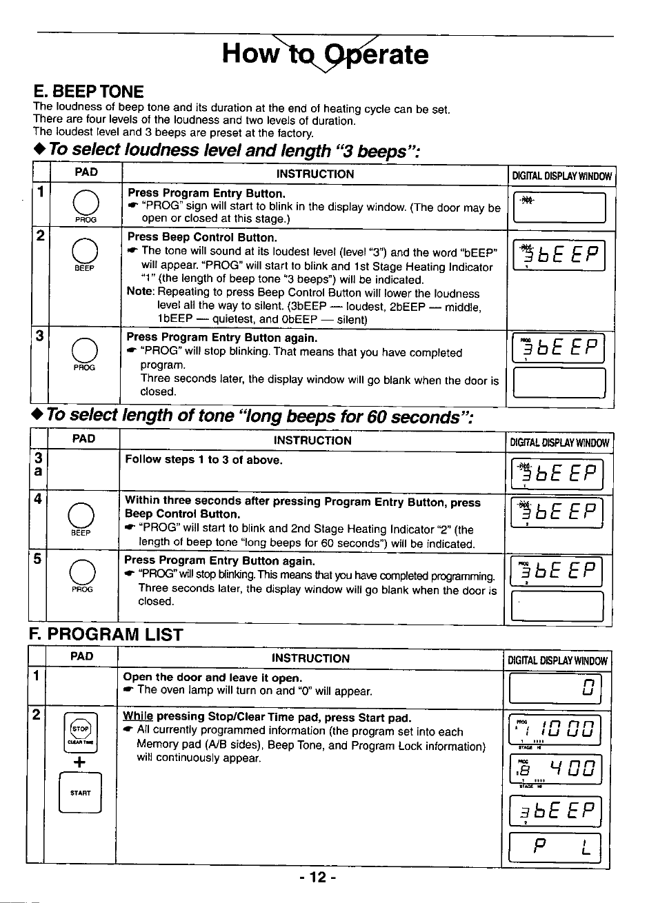 E. beep tone, To select loudness level and length “3 beeps, Instruction | To select length of tone long beeps for 60 seconds, F, program list, While pressing stop/cleartime pad, press start pad, In nn i tu uu, 8 n uu, F. program list, Howtq^^rate | Panasonic NE-3280 User Manual | Page 12 / 16