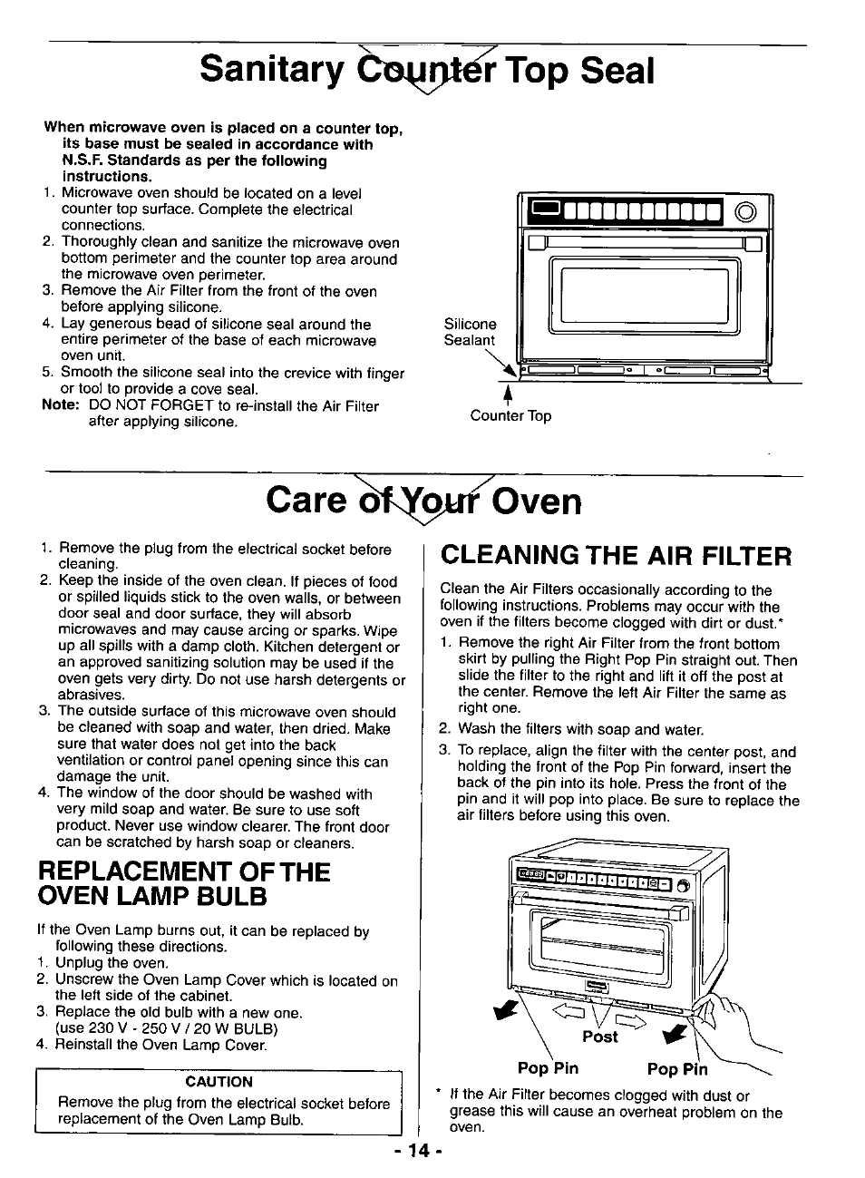 Sanitary so^iiptdr top seal, Care oven, Caurion | Sanitary counter top seal, Replacement of the oven lamp bulb, Cleaning the air filter | Panasonic NE-3280 User Manual | Page 14 / 16