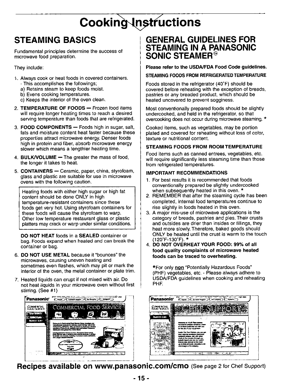 Cookin^lji^ttljctions, Please refer to the usda/fda food code guidelines, Steaming foods from refrigerated temperature | Steaming foods from room temperature, Important recommendations, Steaming basics | Panasonic NE-3280 User Manual | Page 15 / 16