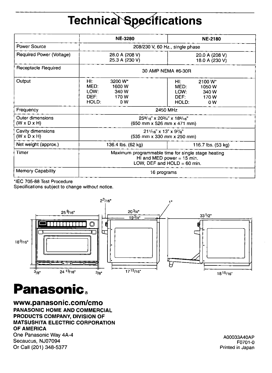 Tech ¡cations, Panasonic | Panasonic NE-3280 User Manual | Page 16 / 16