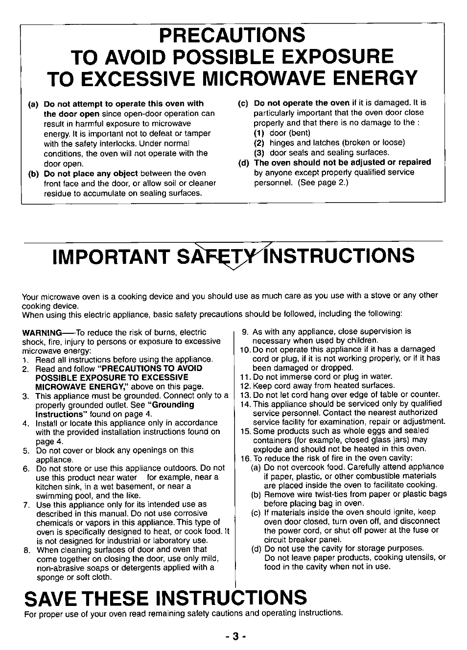 Precautions, A) do not attempt to operate this oven with (c), Important saf^jymstructions | Save these instructions, Important safety instructions | Panasonic NE-3280 User Manual | Page 3 / 16