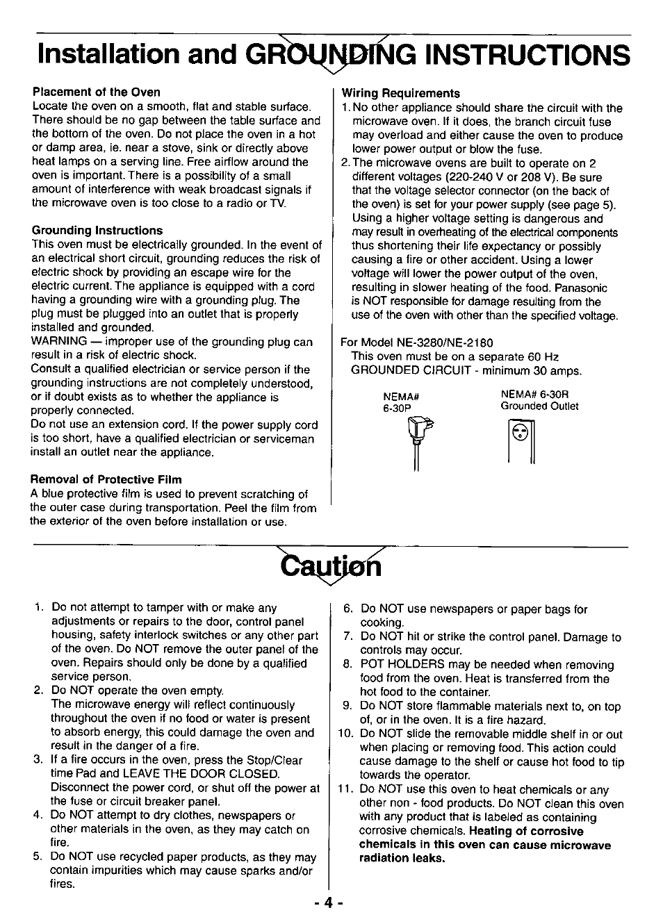 Installation and instructions, Ptacement of the oven, Grounding instructions | Removal of protective film, Wiring requirements, Ca^tien, Installation and grounding instructions, Cooking instructions | Panasonic NE-3280 User Manual | Page 4 / 16