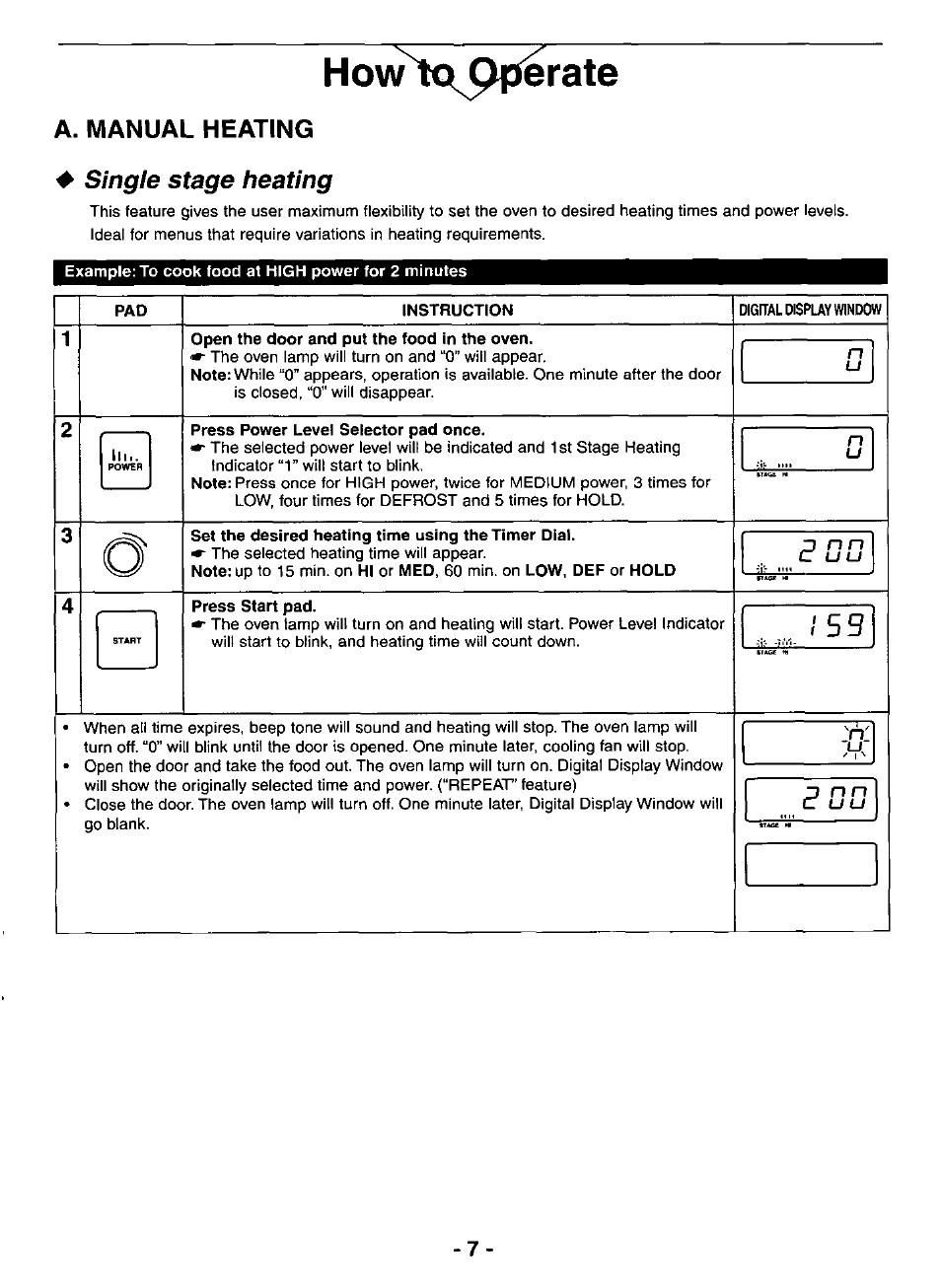 A. manual heating, Single stage heating, N n u u | How^tq^pfjerate | Panasonic NE-3280 User Manual | Page 7 / 16