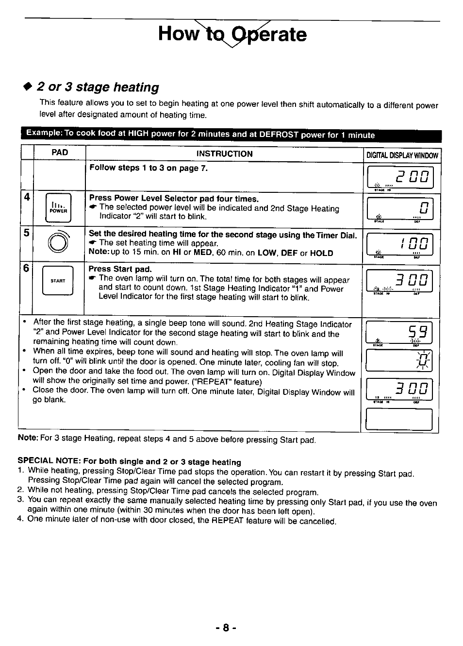 Howtqpperate, 2 or 3 stage heating, П n u и | N n и и, Or 3 stage heating, Nu и | Panasonic NE-3280 User Manual | Page 8 / 16