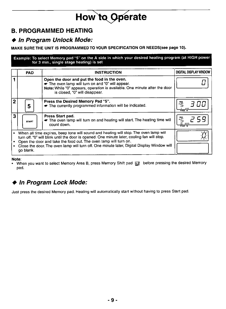 Howtq^pperse, In program unlock mode, Note | In program lock mode, B. programmed heating | Panasonic NE-3280 User Manual | Page 9 / 16