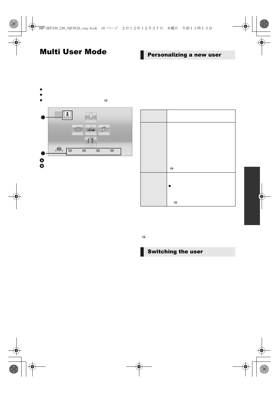 Multi user mode, Personalizing a new user, Switching the user | Panasonic DMP-BDT330 User Manual | Page 19 / 48
