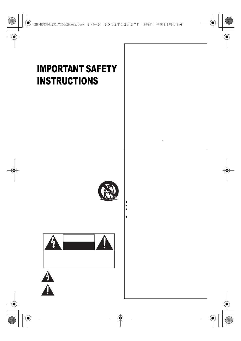 Important safety instructions, Caution | Panasonic DMP-BDT330 User Manual | Page 2 / 48