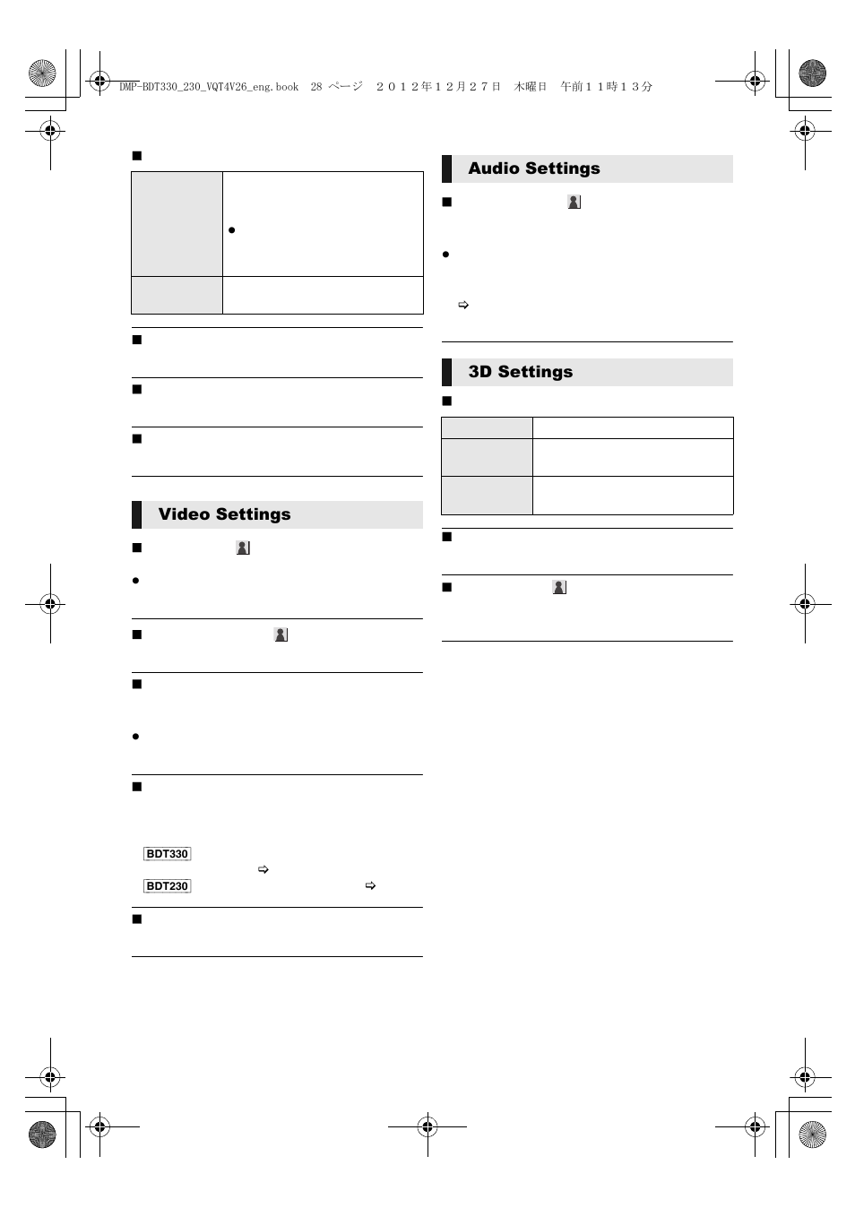 Video settings audio settings 3d settings | Panasonic DMP-BDT330 User Manual | Page 28 / 48