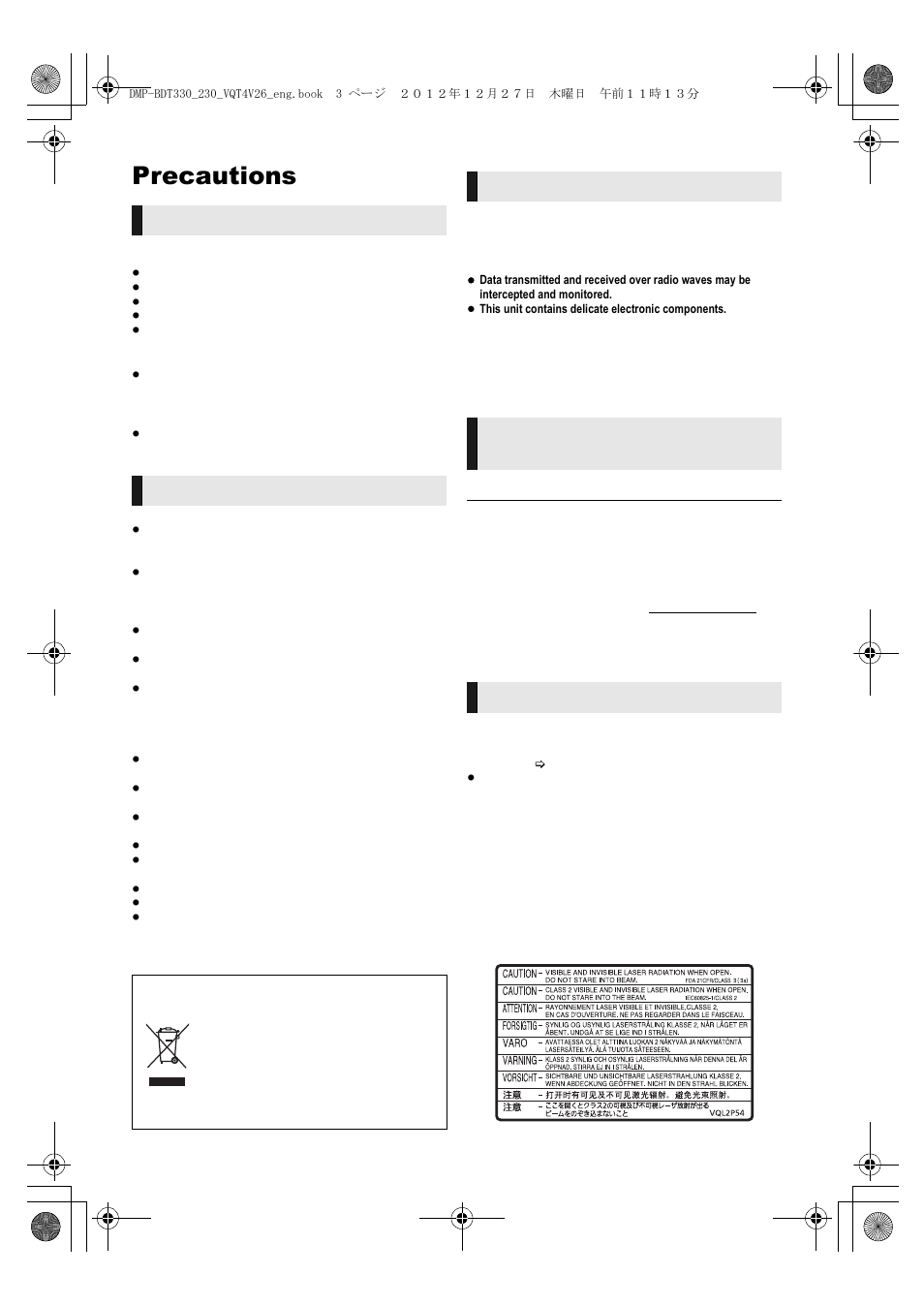 Precautions, Warning caution | Panasonic DMP-BDT330 User Manual | Page 3 / 48