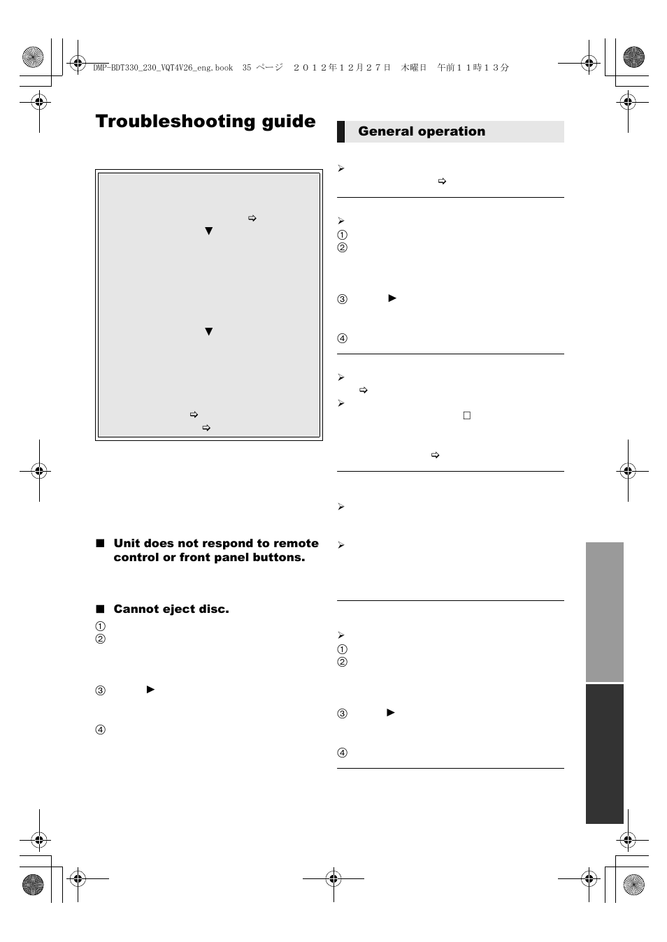 Troubleshooting guide, General operation | Panasonic DMP-BDT330 User Manual | Page 35 / 48