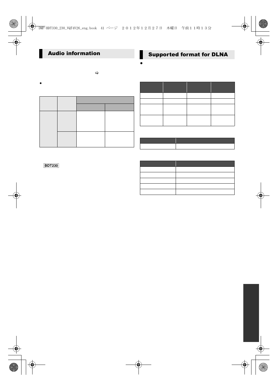 Audio information, Supported format for dlna | Panasonic DMP-BDT330 User Manual | Page 41 / 48