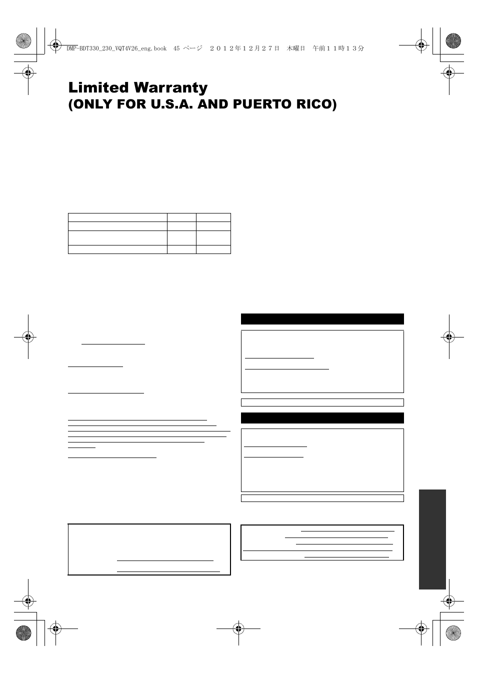Limited warranty, Only for u.s.a. and puerto rico), Panasonic products limited warranty | Panasonic DMP-BDT330 User Manual | Page 45 / 48