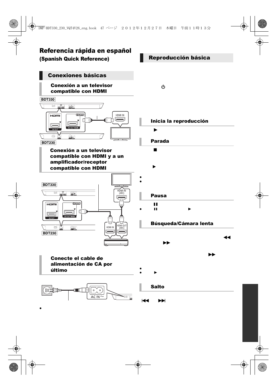 Referencia rápida en español, Spanish quick reference), Conexiones básicas | Reproducción básica | Panasonic DMP-BDT330 User Manual | Page 47 / 48