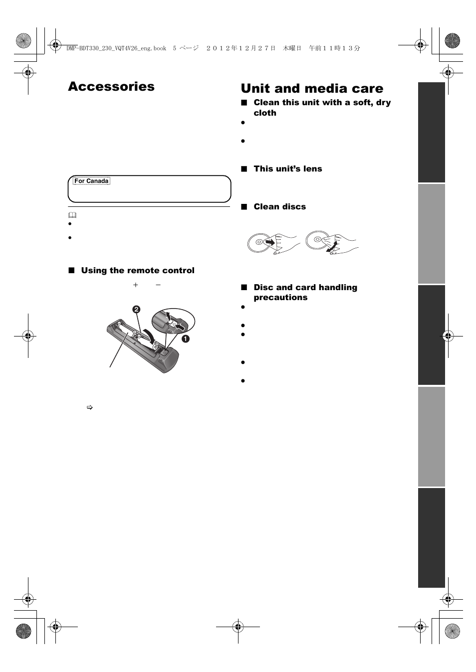 Accessories, Unit and media care | Panasonic DMP-BDT330 User Manual | Page 5 / 48