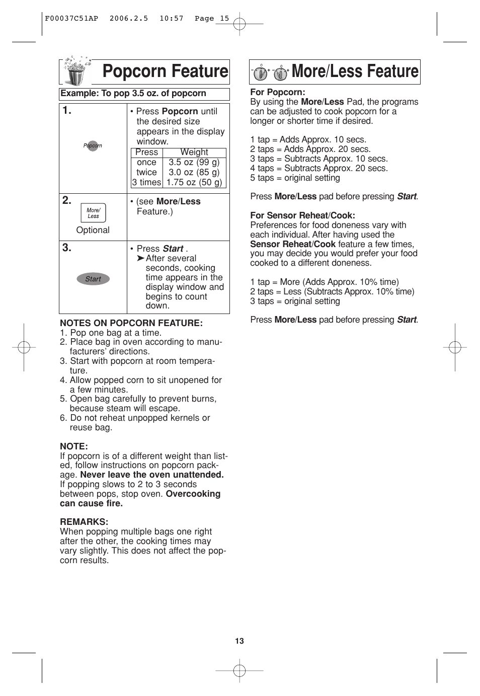 Popcorn feature, More/less feature, Popcorn feature more/less feature | Panasonic NN-H765WF User Manual | Page 15 / 60