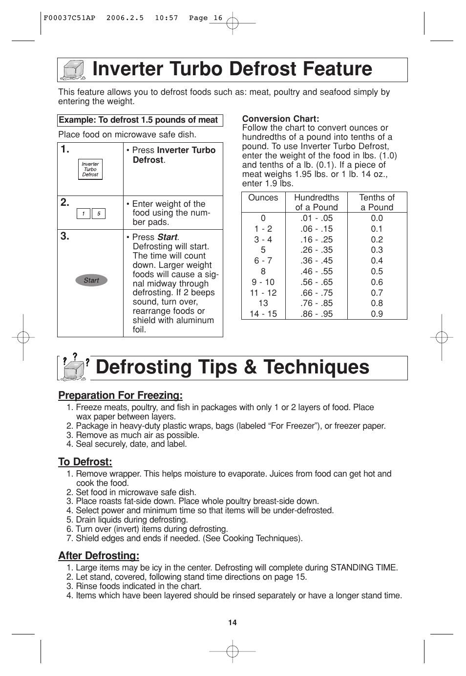 Inverter turbo defrost feature, Defrosting tips & techniques | Panasonic NN-H765WF User Manual | Page 16 / 60