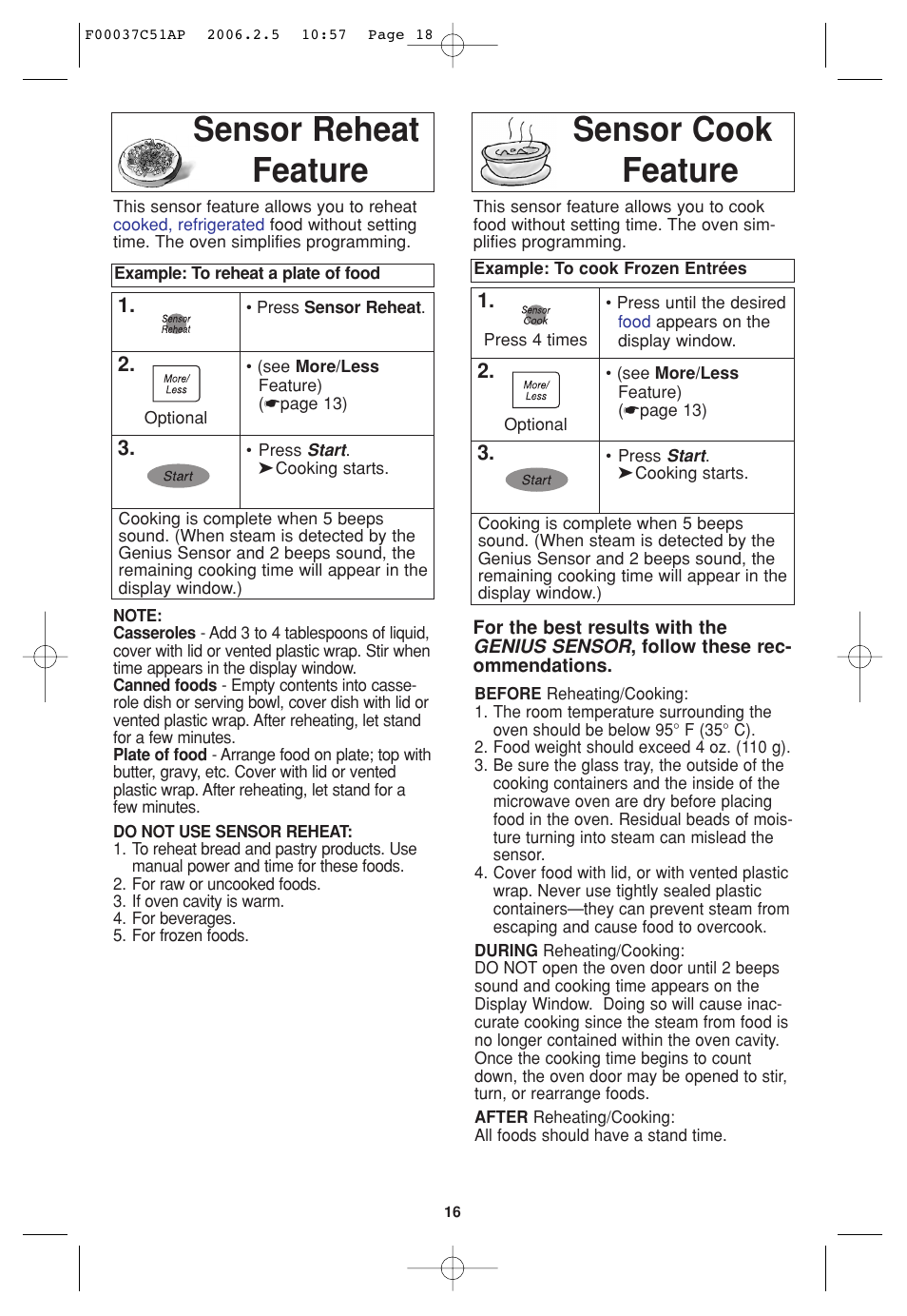 Sensor reheat feature, Sensor cook feature, Sensor reheat feature sensor cook feature | Panasonic NN-H765WF User Manual | Page 18 / 60