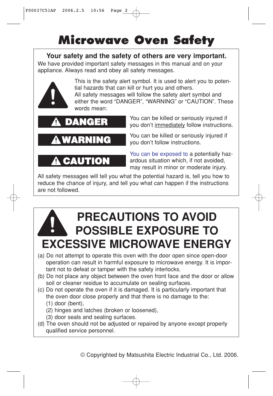 Safety information, Precautions, Microwave oven safety | Dda an ng ge er r w wa ar rn niin ng g, Cca au ut tiio on n | Panasonic NN-H765WF User Manual | Page 2 / 60