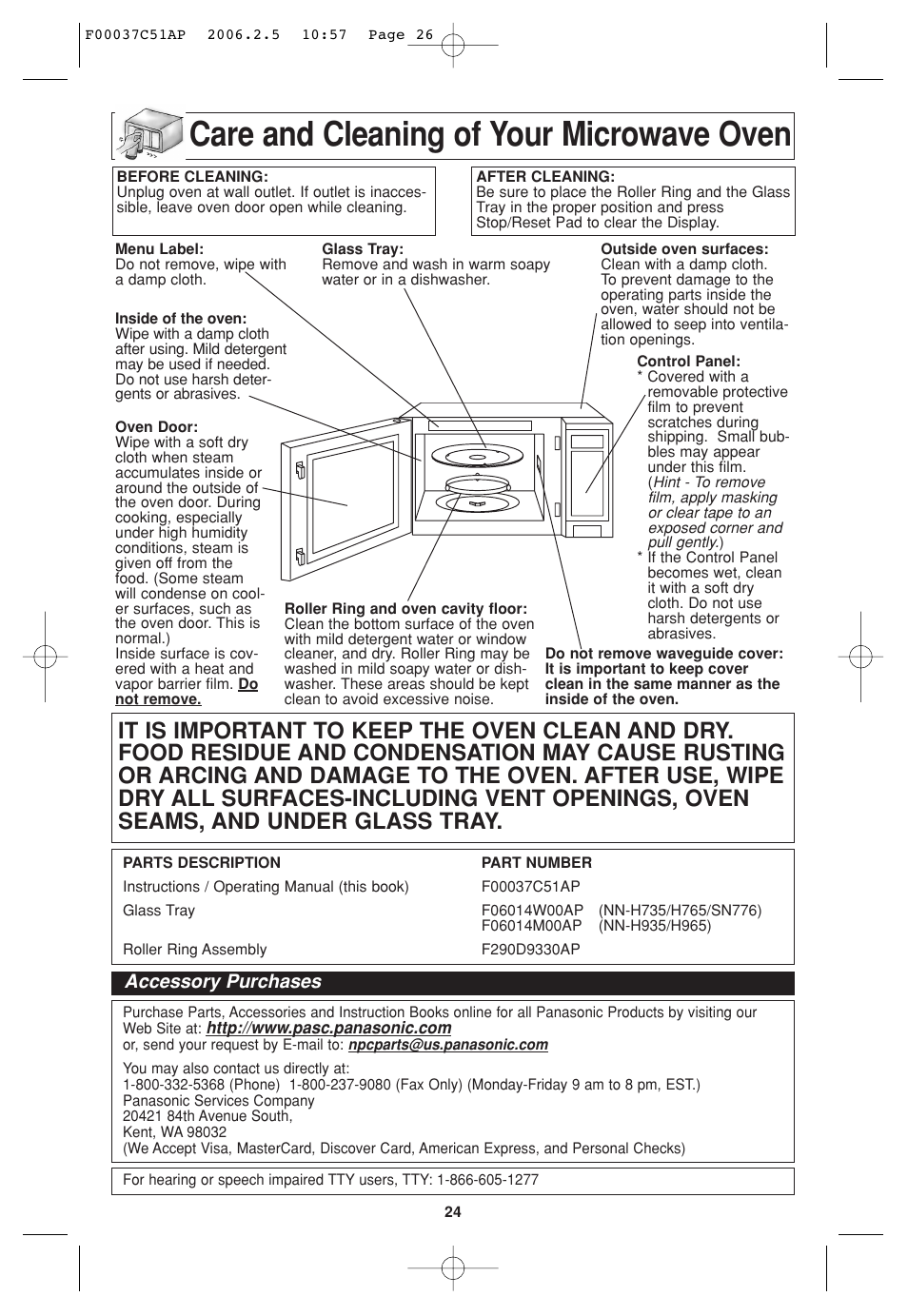 Maintenance, Care and cleaning of your microwave oven, Accessory purchases | Panasonic NN-H765WF User Manual | Page 26 / 60