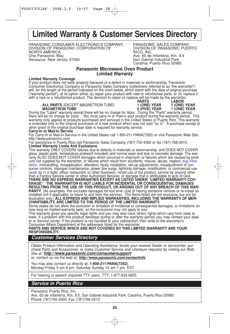 Limited warranty & customer service directory, Limited warranty & customer services directory | Panasonic NN-H765WF User Manual | Page 28 / 60