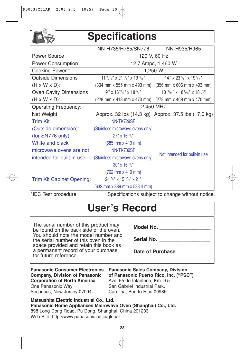 Specifications, User's record, User’s record | Panasonic NN-H765WF User Manual | Page 30 / 60