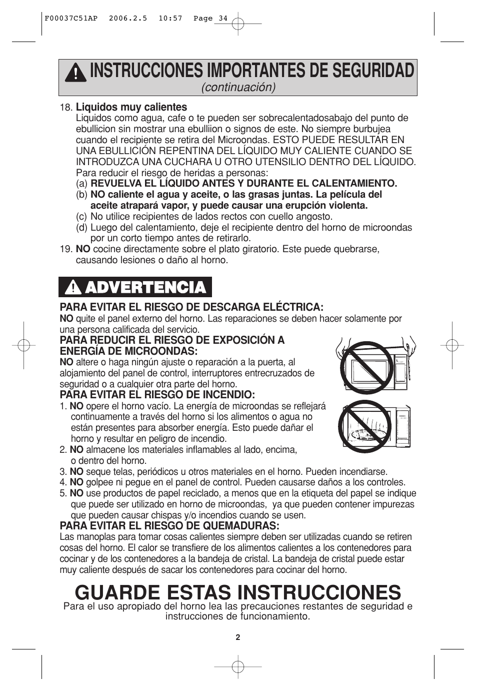 Instrucciones importantes de seguridad, Guarde estas instrucciones, Aad dv ve er rt te en nc ciia a | Panasonic NN-H765WF User Manual | Page 34 / 60