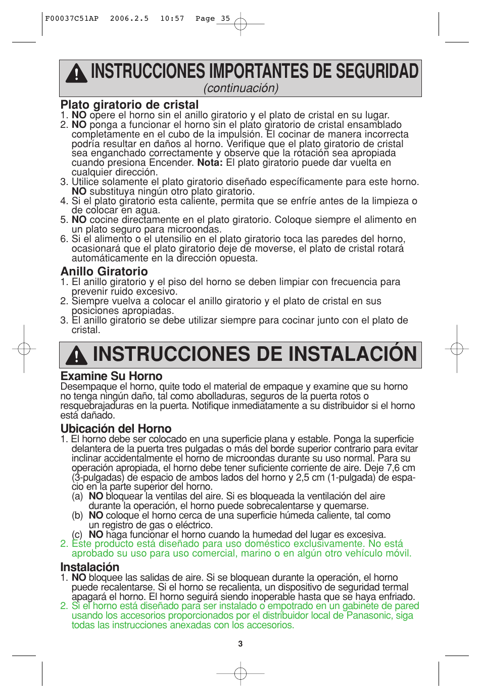 Instrucciones para instalacion y conexion a tierra, Instrucciones importantes de seguridad, Instrucciones de instalación | Panasonic NN-H765WF User Manual | Page 35 / 60