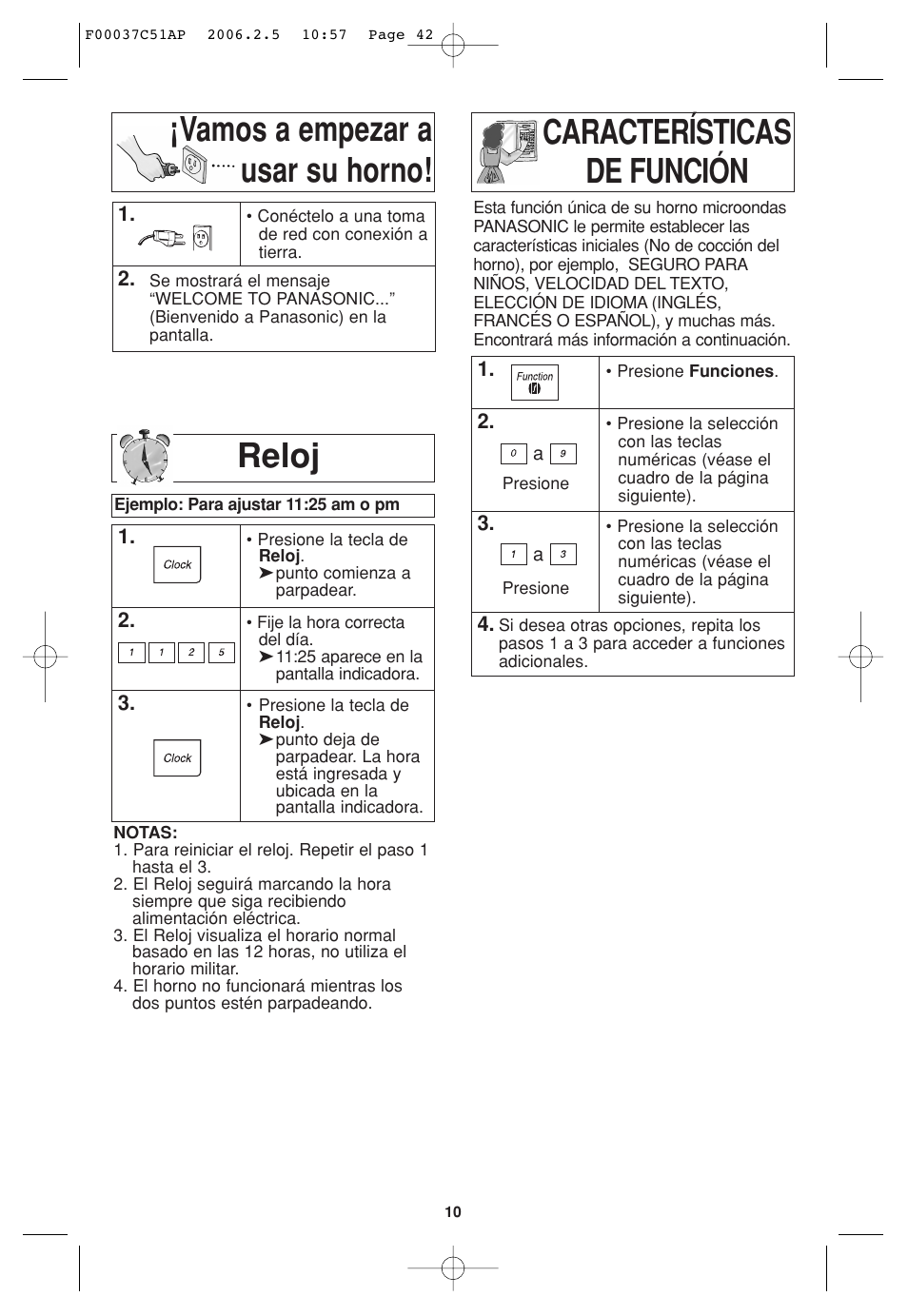 Camos a empezar a usar su horno, Para ajuste del reloj, Caracteristicas de funcion | Reloj | Panasonic NN-H765WF User Manual | Page 42 / 60