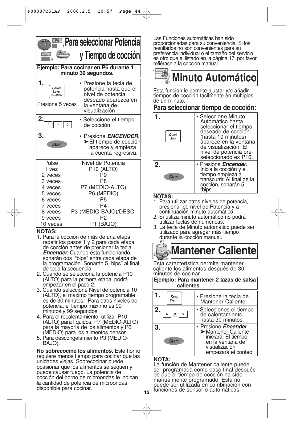 Para seleccionar potencia y tiempo de coccion, Funcion de minuto automatico, Funcion de mantener caliente | Para seleccionar potencia y tiempo de cocción, Minuto automático, Mantener caliente, Para seleccionar tiempo de cocción | Panasonic NN-H765WF User Manual | Page 44 / 60