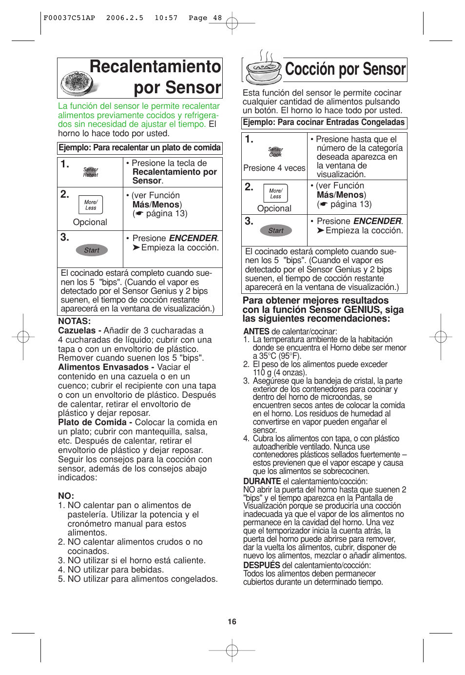 Funcion de coccion por sensor, Funcion de recalentamiento por sensor, Recalentamiento por sensor cocción por sensor | Panasonic NN-H765WF User Manual | Page 48 / 60