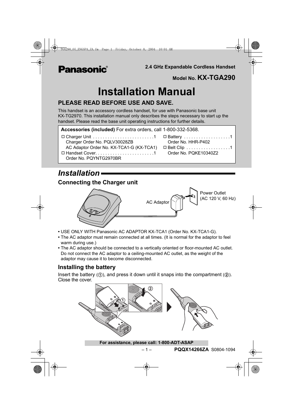 Panasonic KX-TGA290B User Manual | 12 pages