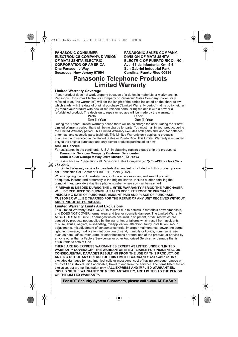 Panasonic KX-TGA290B User Manual | Page 11 / 12