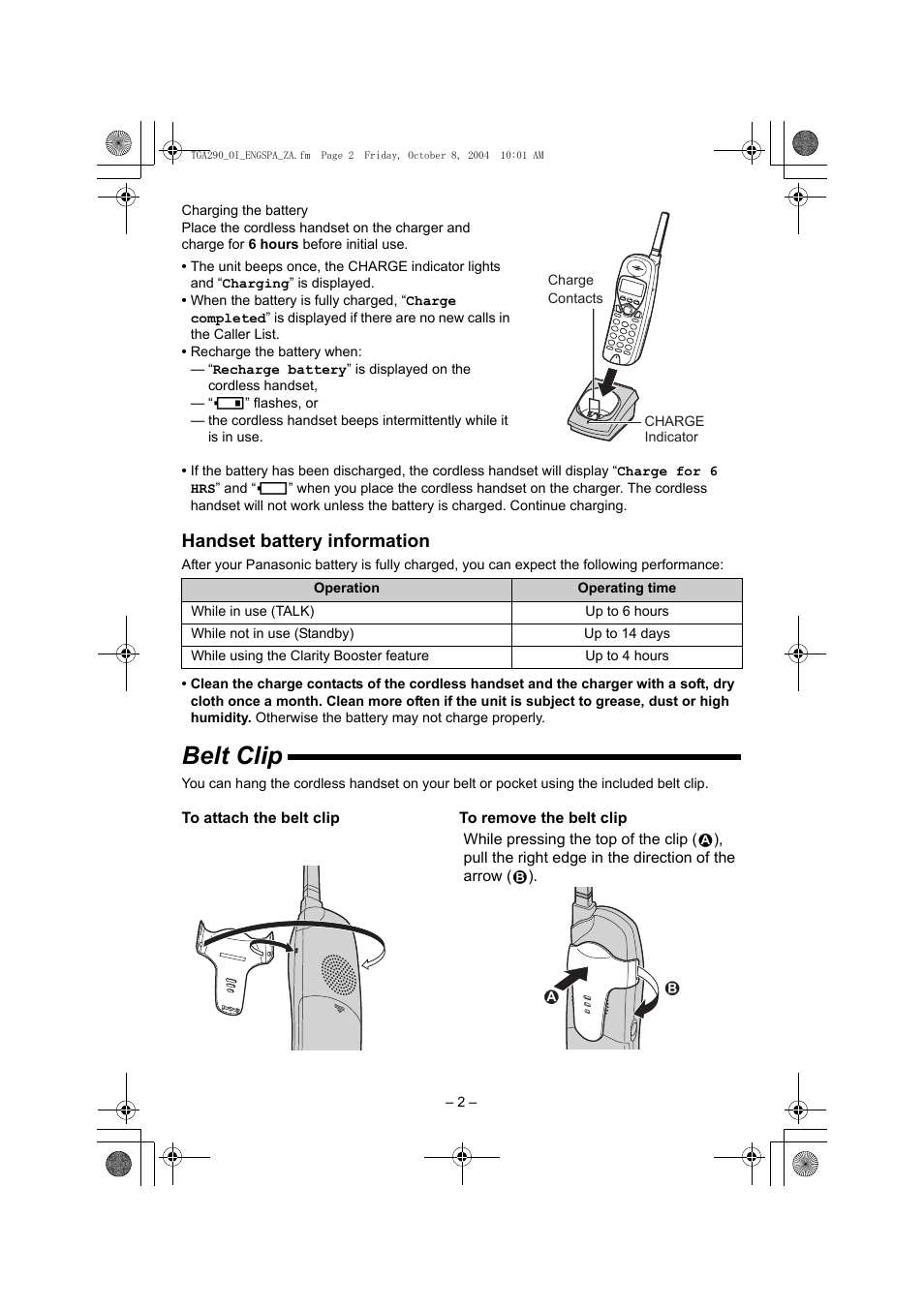 Handset battery information, Up to 6 hours, Up to 14 days | Up to 4 hours, Belt clip | Panasonic KX-TGA290B User Manual | Page 2 / 12