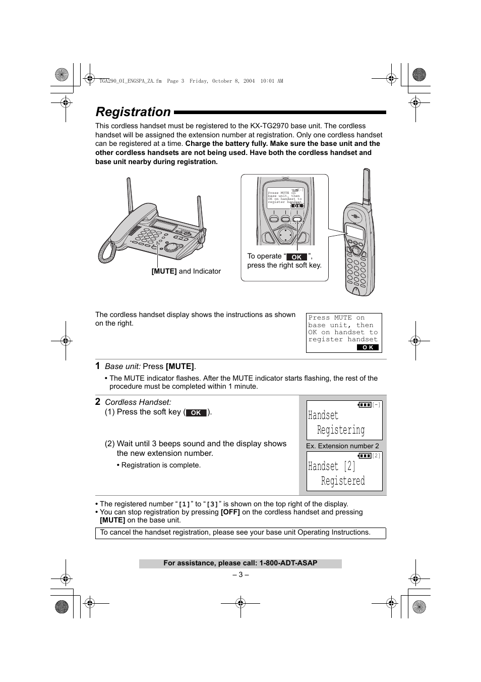 Registration, 1 base unit: press [mute, 2 cordless handset | 1) press the soft key (), Handset, Registering, Handset [2, Registered, Handset registering, Handset [2] registered | Panasonic KX-TGA290B User Manual | Page 3 / 12