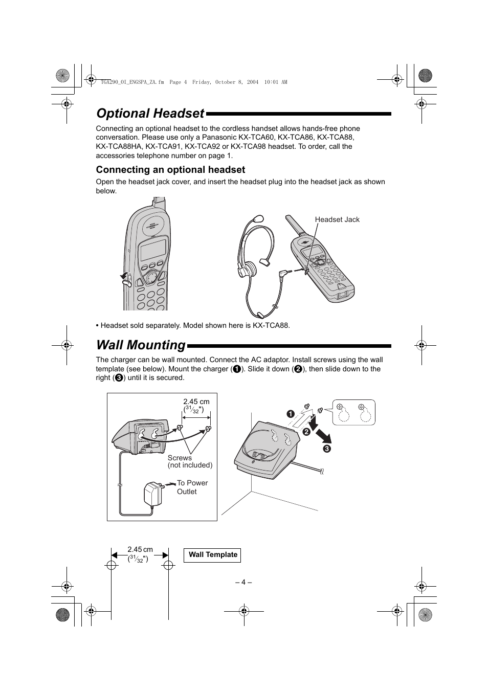Optional headset, Connecting an optional headset, Wall mounting | Panasonic KX-TGA290B User Manual | Page 4 / 12