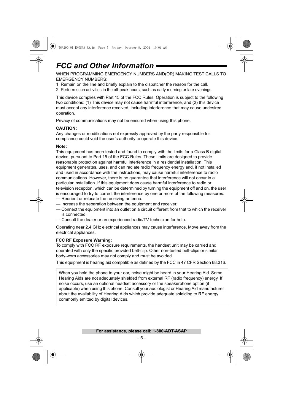 Fcc and other information | Panasonic KX-TGA290B User Manual | Page 5 / 12
