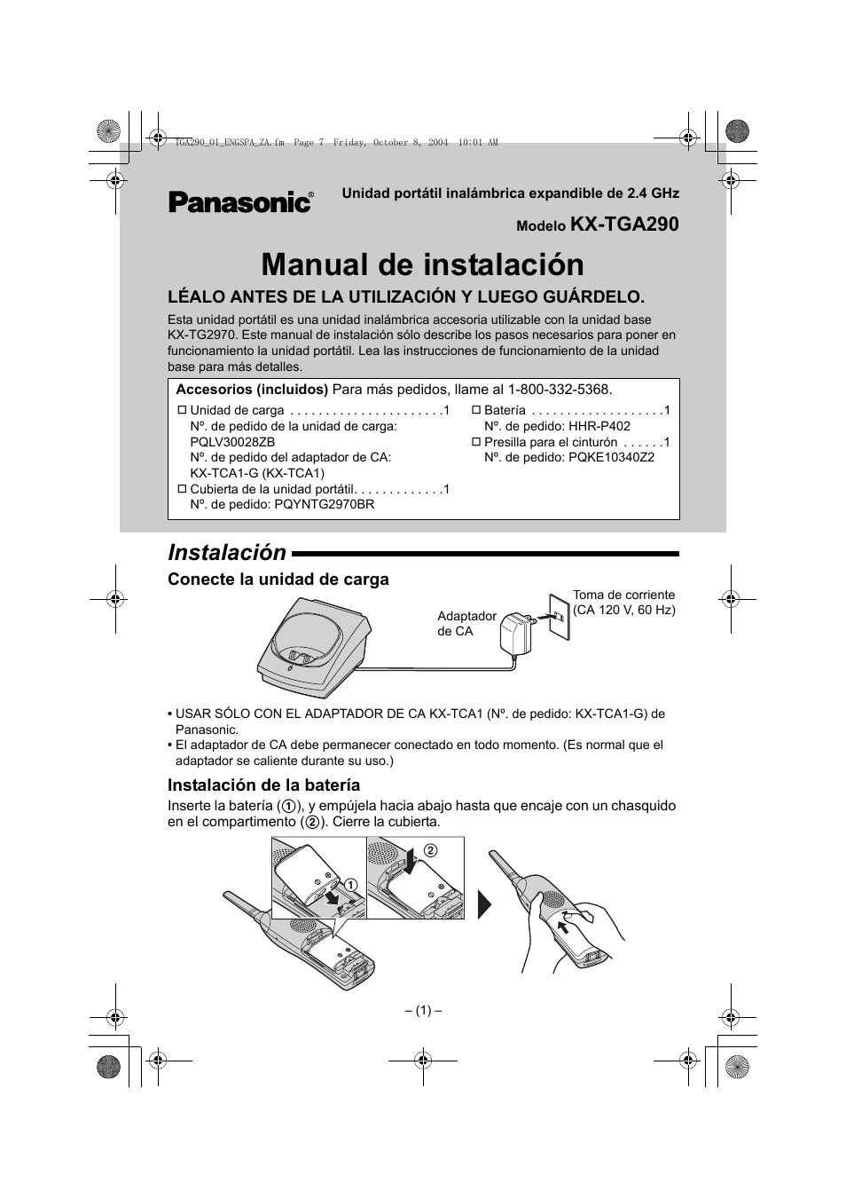 Instalación, Conecte la unidad de carga, Instalación de la batería | Manual de instalación, Kx-tga290 | Panasonic KX-TGA290B User Manual | Page 7 / 12